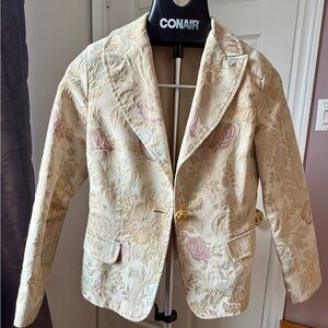 Cream Floral Jacquard Blazer with Pink and Green Accents